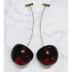 Red Cherry Drop Earrings Gold-Tone Stems Studs Dangle Resin Fruit Jewelry